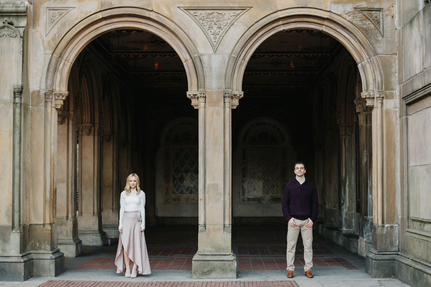 Romantic natural engagement photography at Bethesda Terrace in Central Park by a New York City wedding Photographer