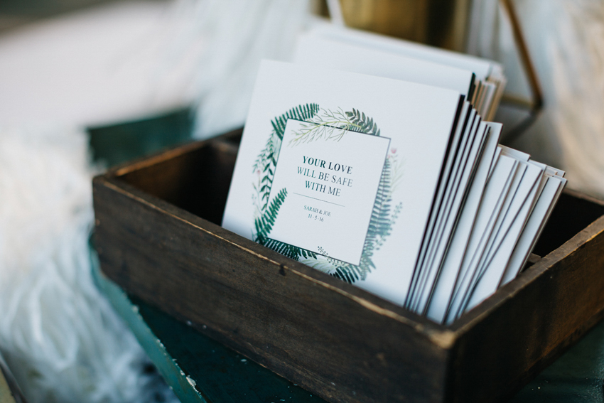 Organic wedding programs with ferns and greenery illustrations
