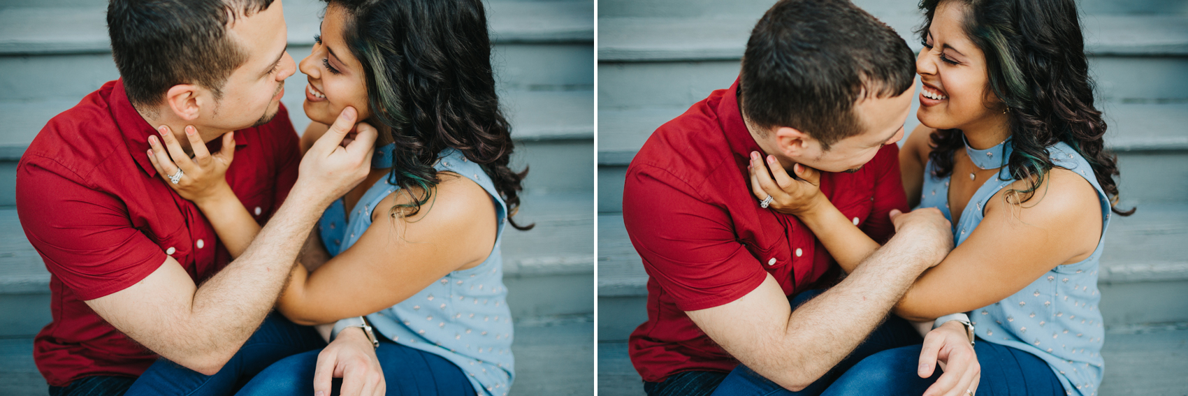 couple laughing while exploring downtown ybor city for their engagement session before the urban wedding