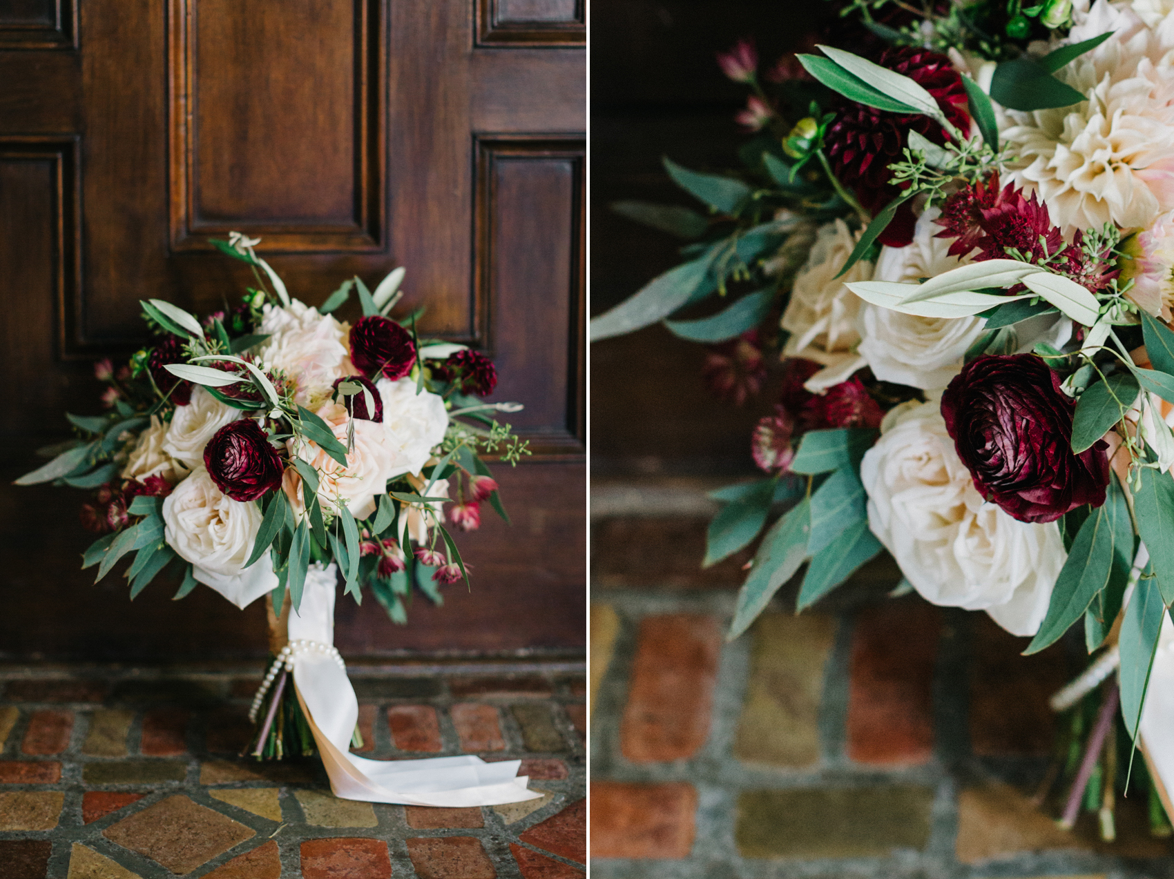 Lush organic bridal bouquet with greenery and maroon blooms