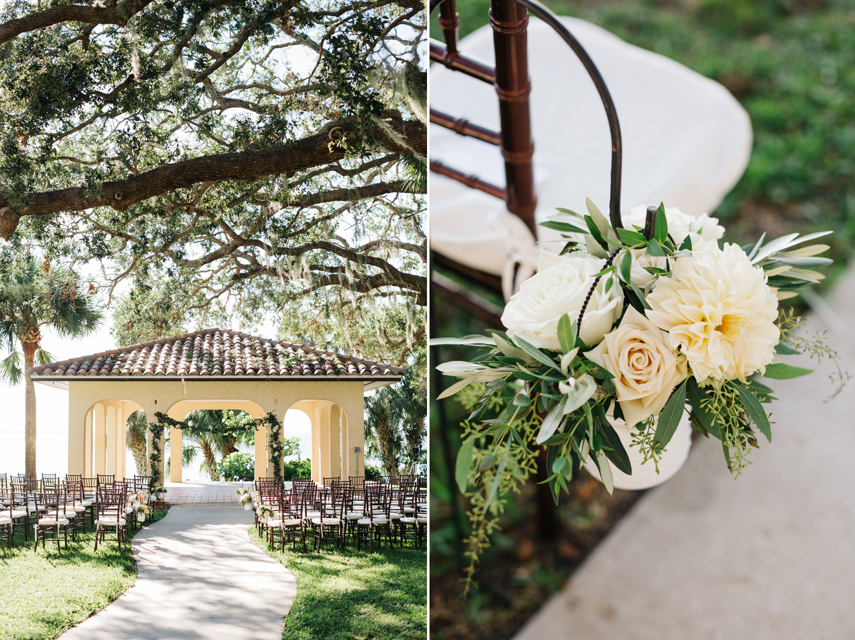 Lush garden wedding ceremony at the Powel Crosley Estate in Sarasota with waterfront views