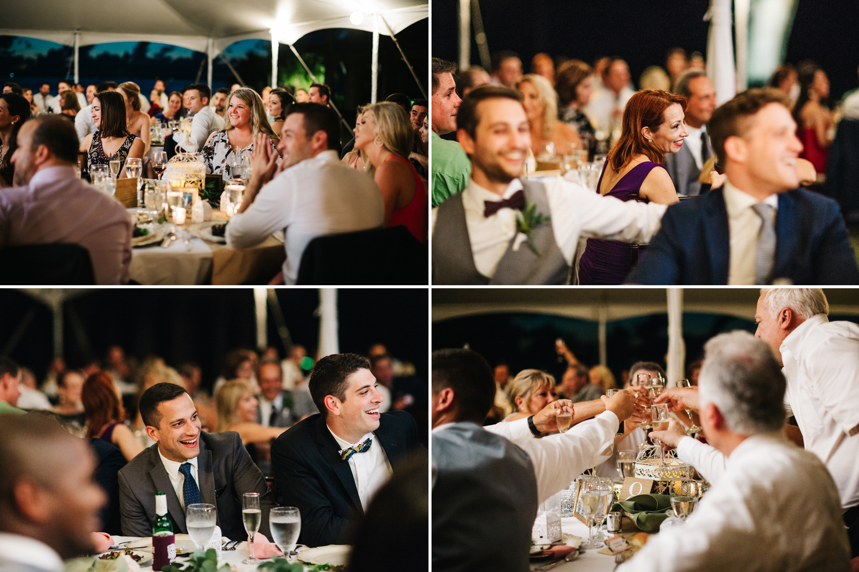 Candid wedding photos of guests laughing and toasting