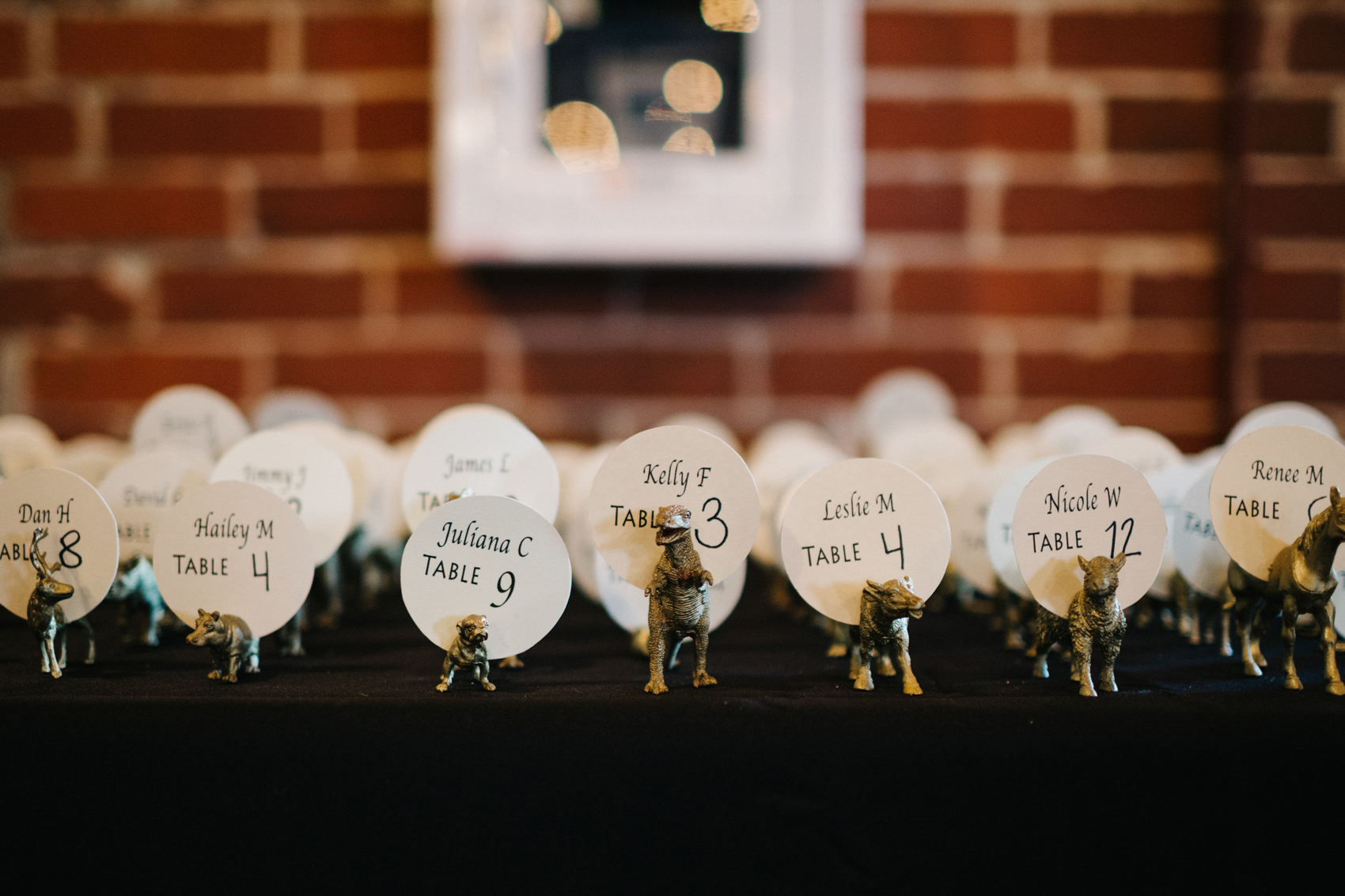 Gold dinosaur and animal escort cards with hand lettered names