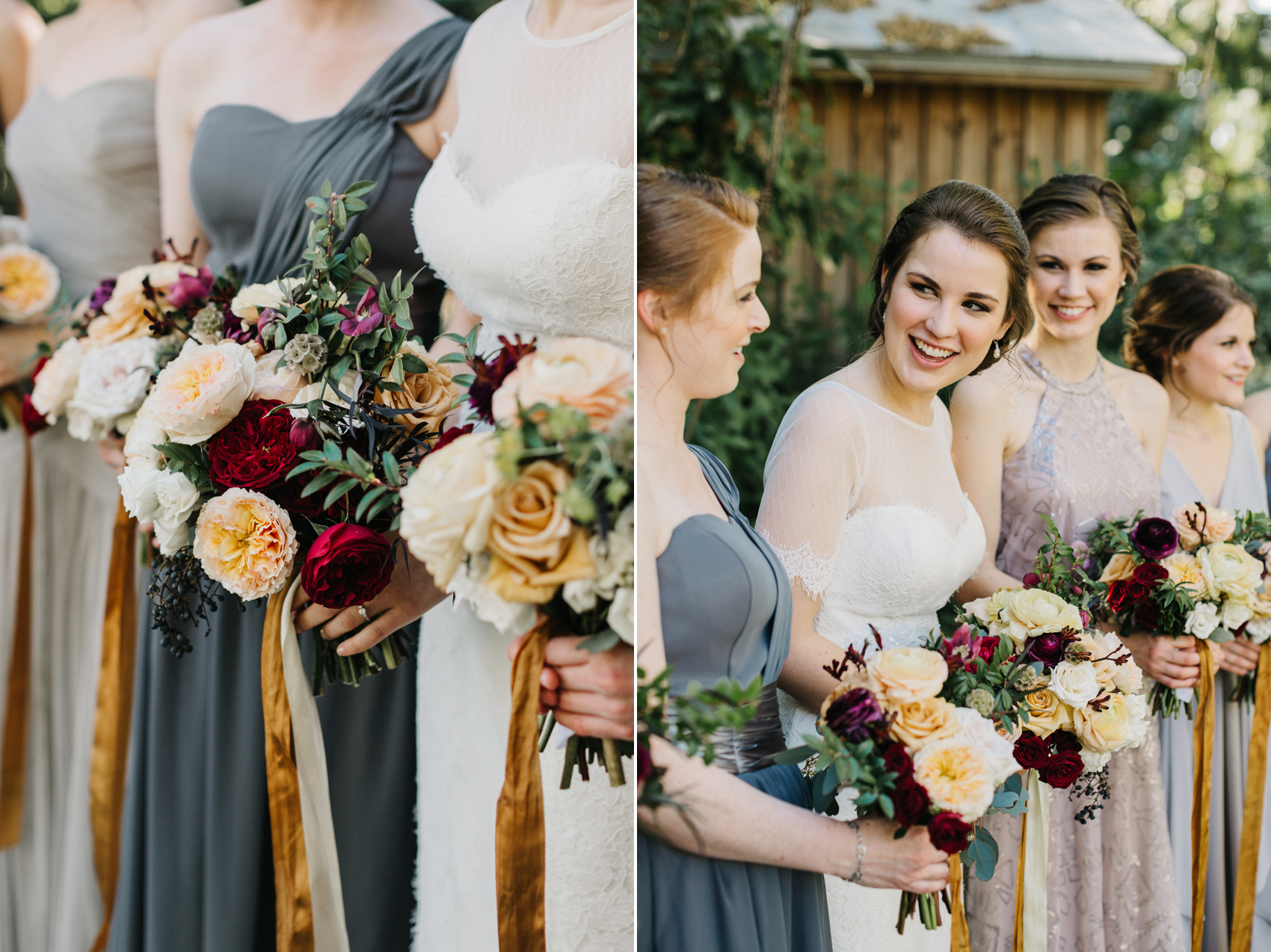 Burgundy, peach, and gold wedding bouquets with bridesmaids wearing mismatched grey dresses