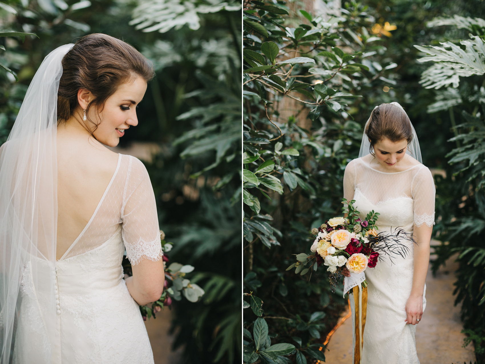 Bride wearing a gorgeous sleeved wedding dress and holding a lush boquuet of burgundy, peach, and gold peonies and garden roses