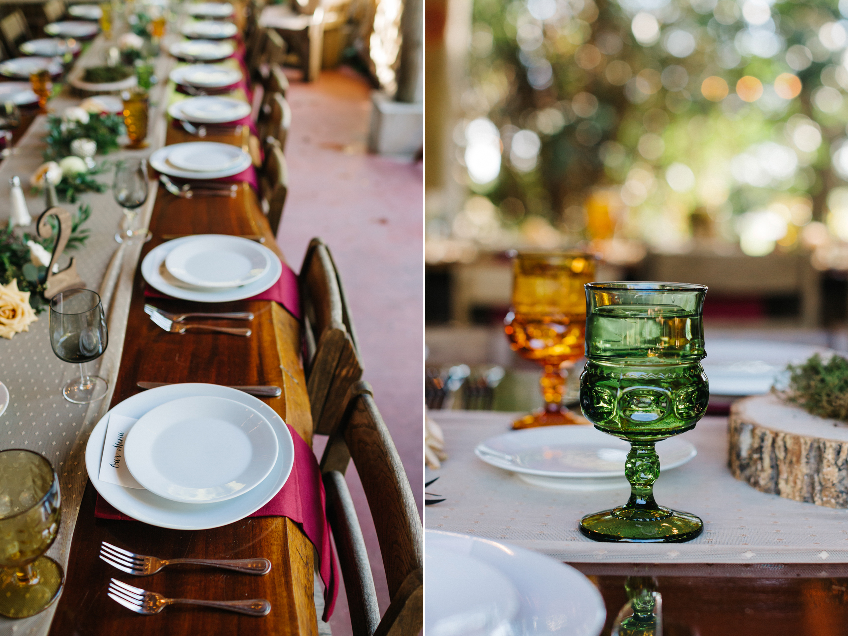 vintage goblets and long farm tables for the Orlando garden wedding reception