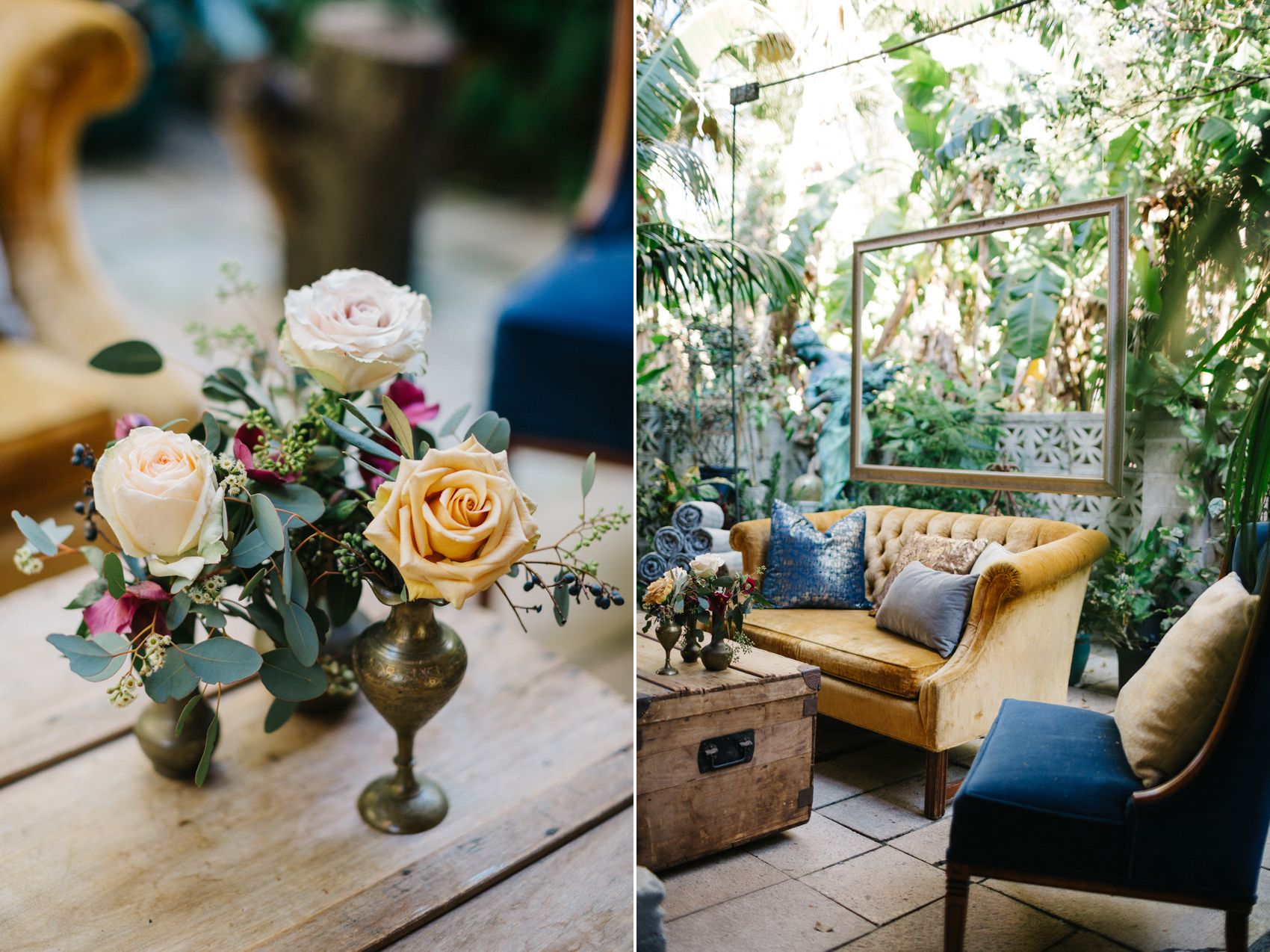 Wedding reception lounge with vintage navy chairs and mustard gold couch and vintage floral centerpiece
