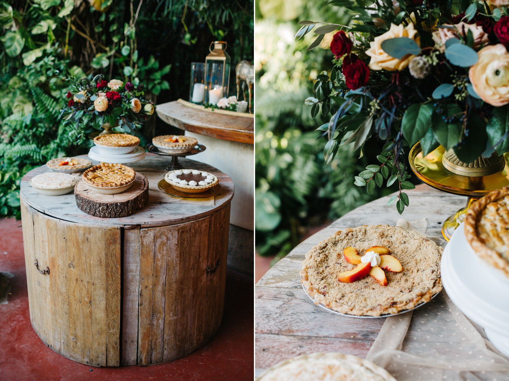 Mismatched Pie dessert bar by J’aime Cakes for outdoor garden wedding in Orlando, Florida