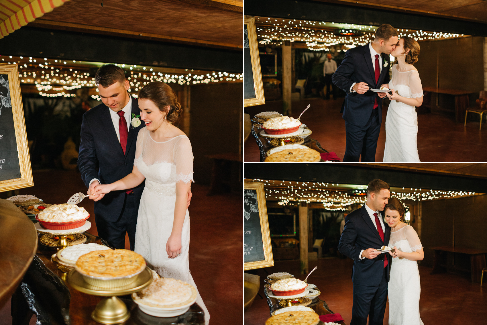 bride and groom cutting the pie at their mismatched vintage pie dessert bar