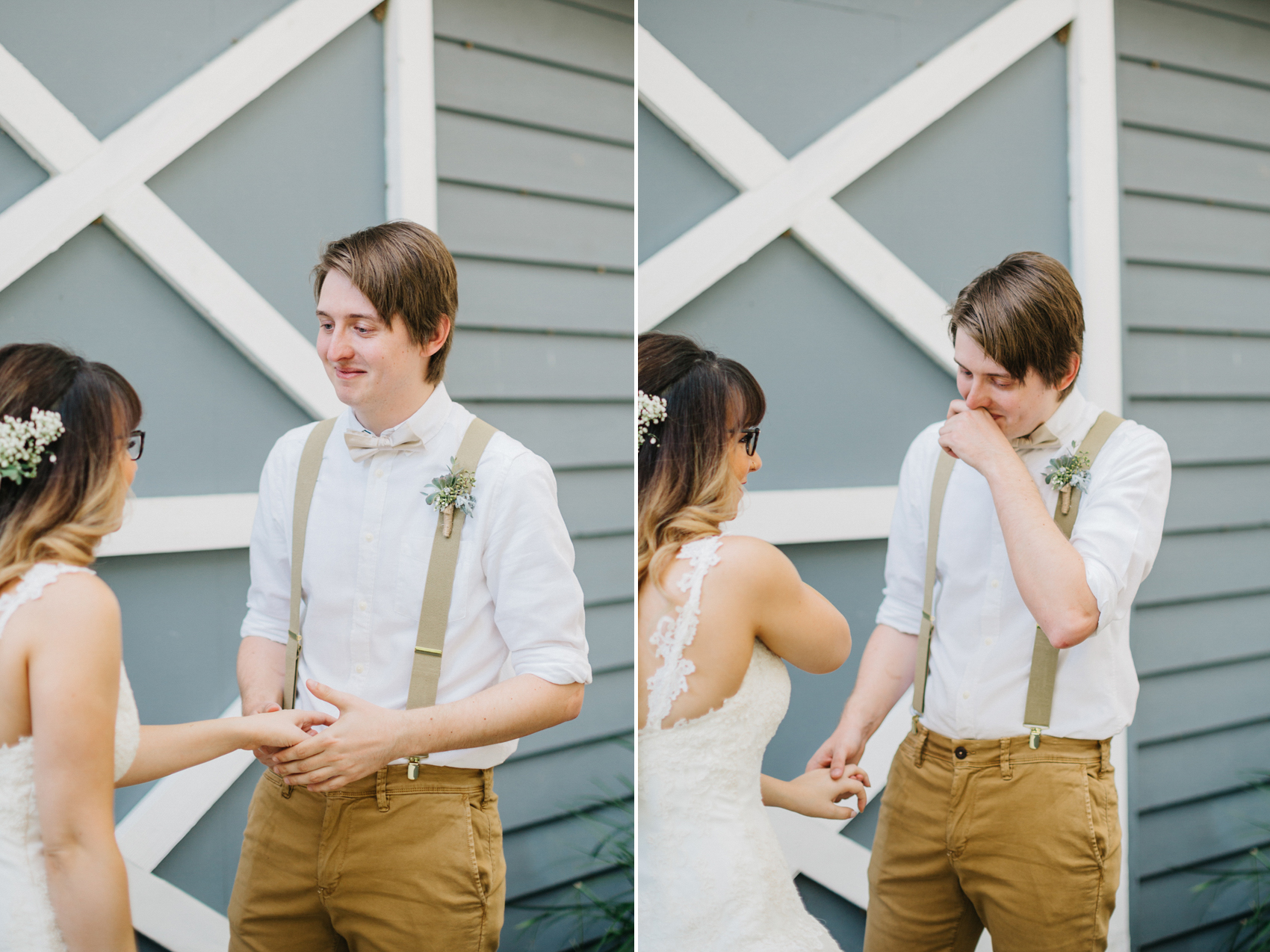 sweet first look with the groom having an emotional reaction