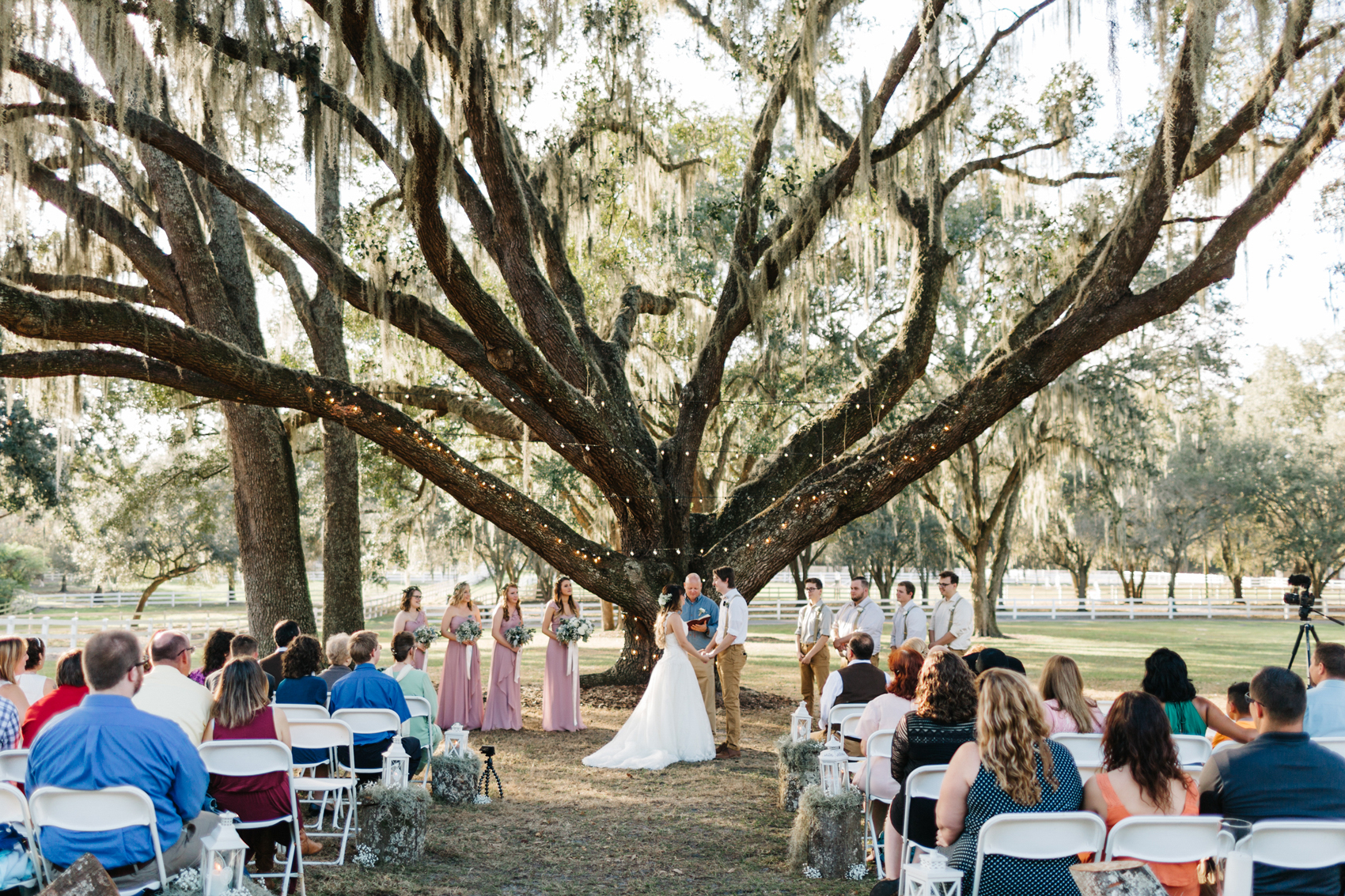 beautiful outdoor ceremony under the oak tree at the lange farm at sunset
