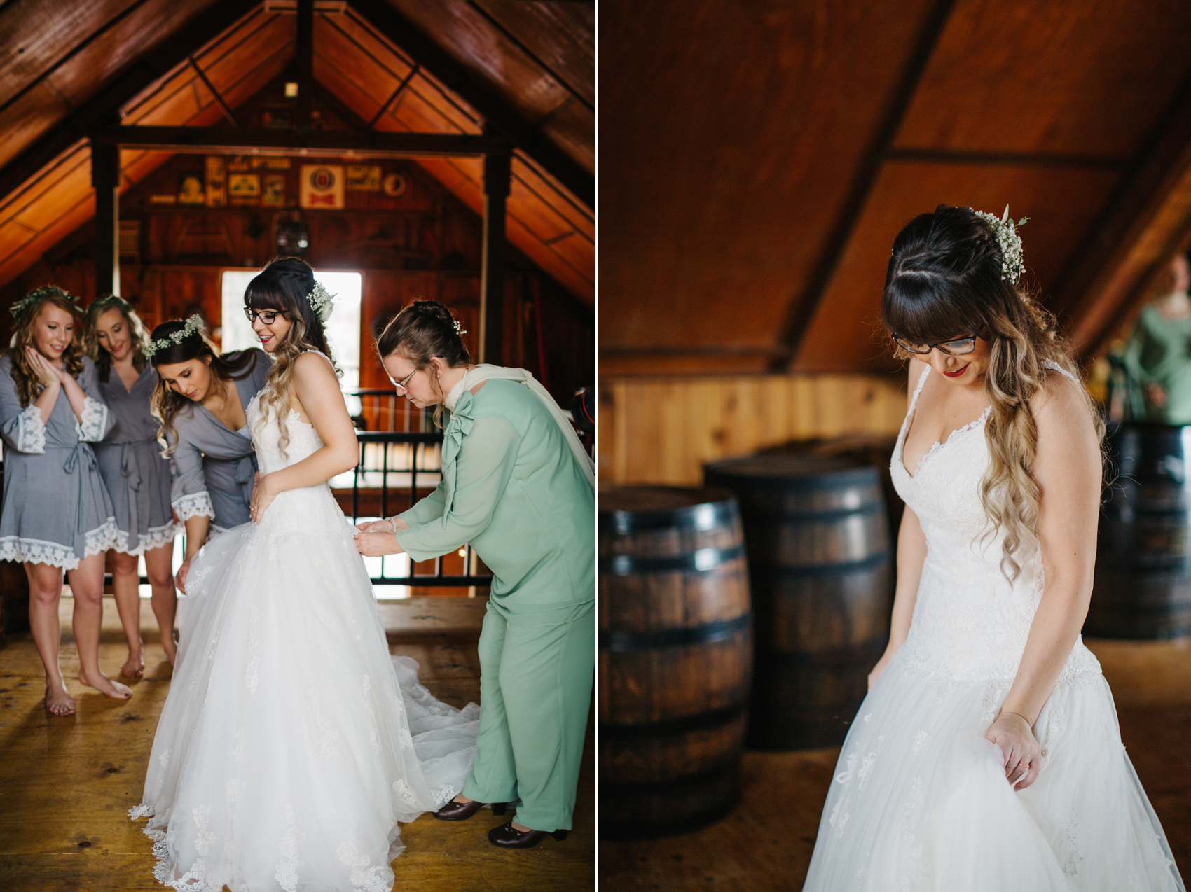 bride putting on her dress at the rustic barn on the Lange Farm Property