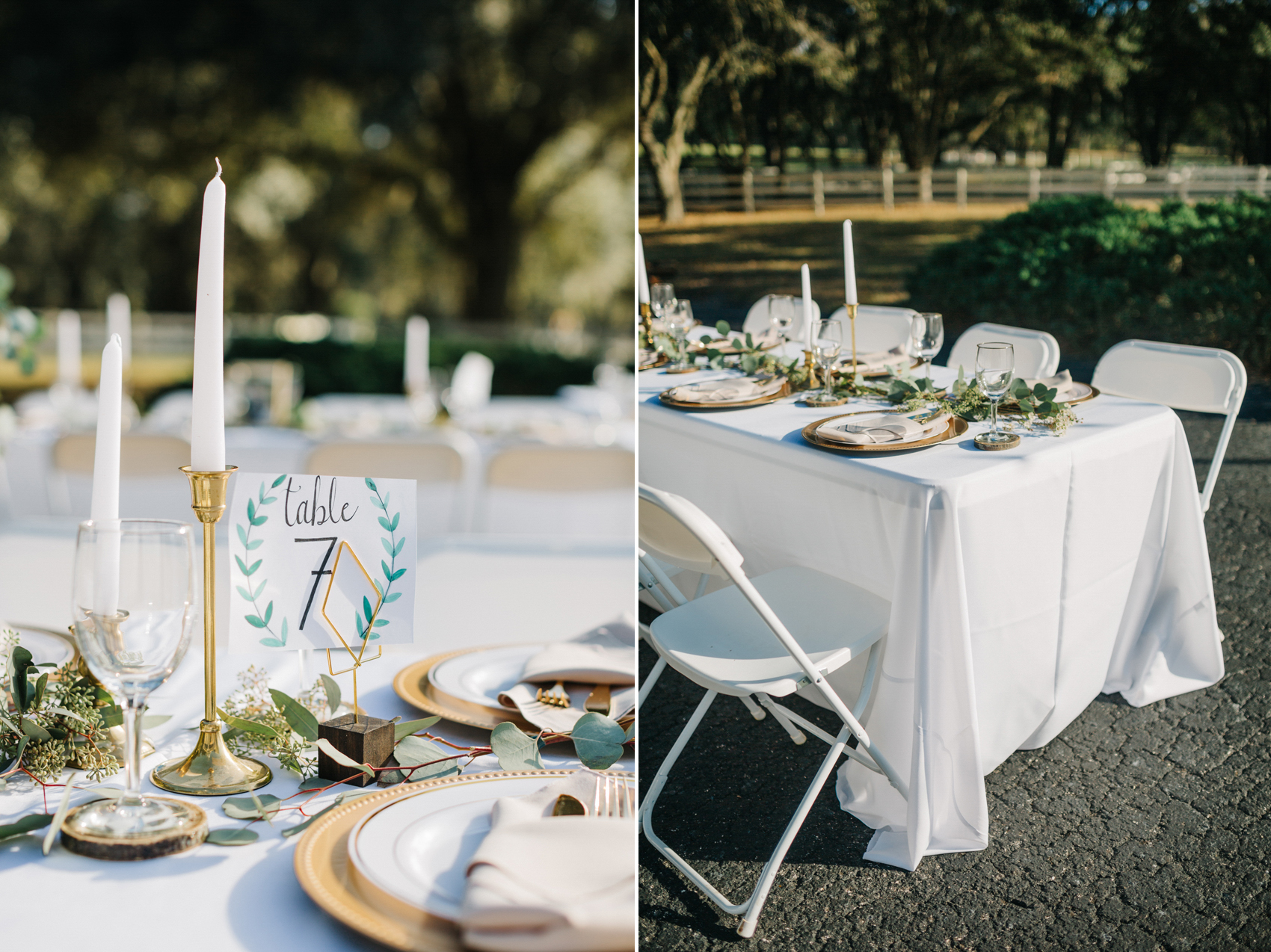 candle centerpieces and diy table numbers with gold accents for reception under the twinkle lights at the antique barn in tampa, florida