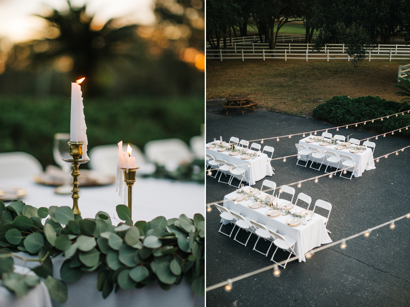 rustic outdoor reception in front of the antique barn at the lange farm with candlelight, greenery table runners, and string lights