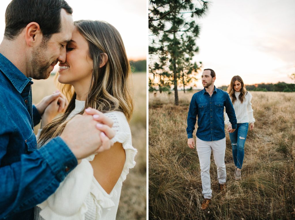sunset engagement photos in a field in orlando