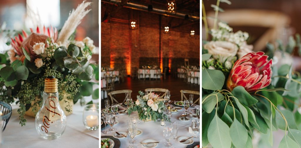 Romantic centerpieces for industrial wedding at Armature Works