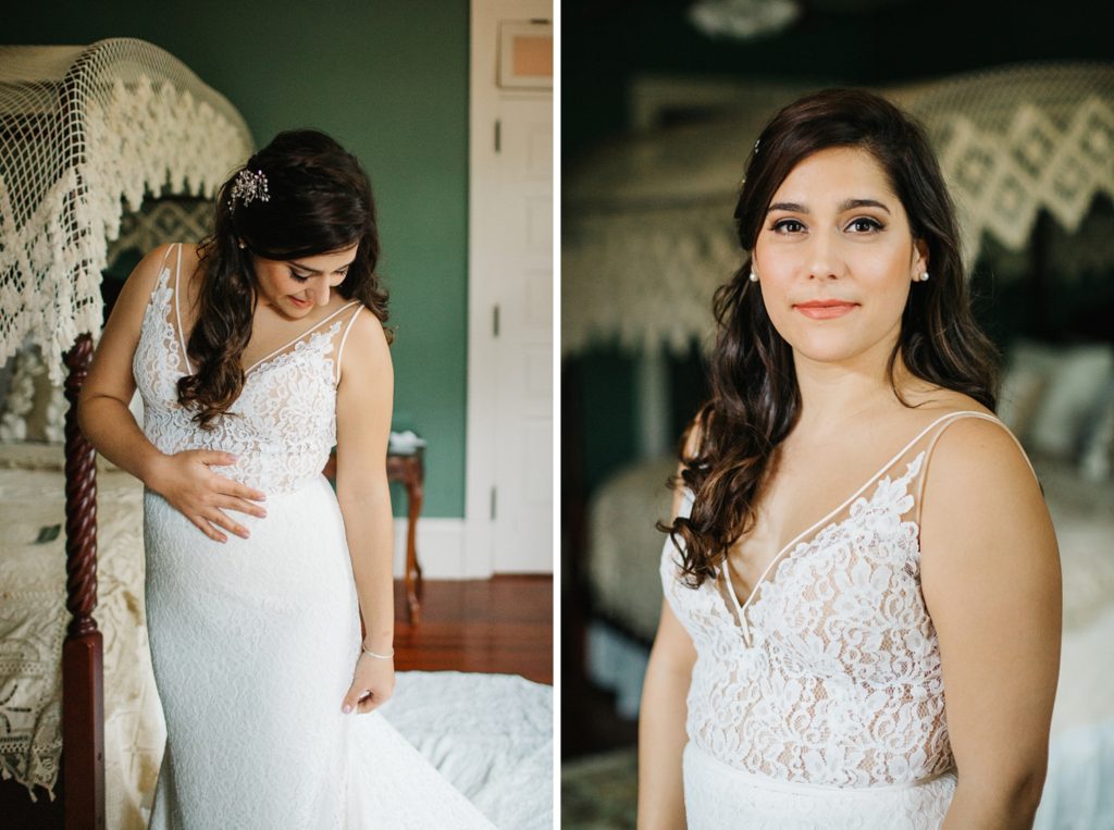 bride wearing fitted lace dress for her historic outdoor wedding in orlando