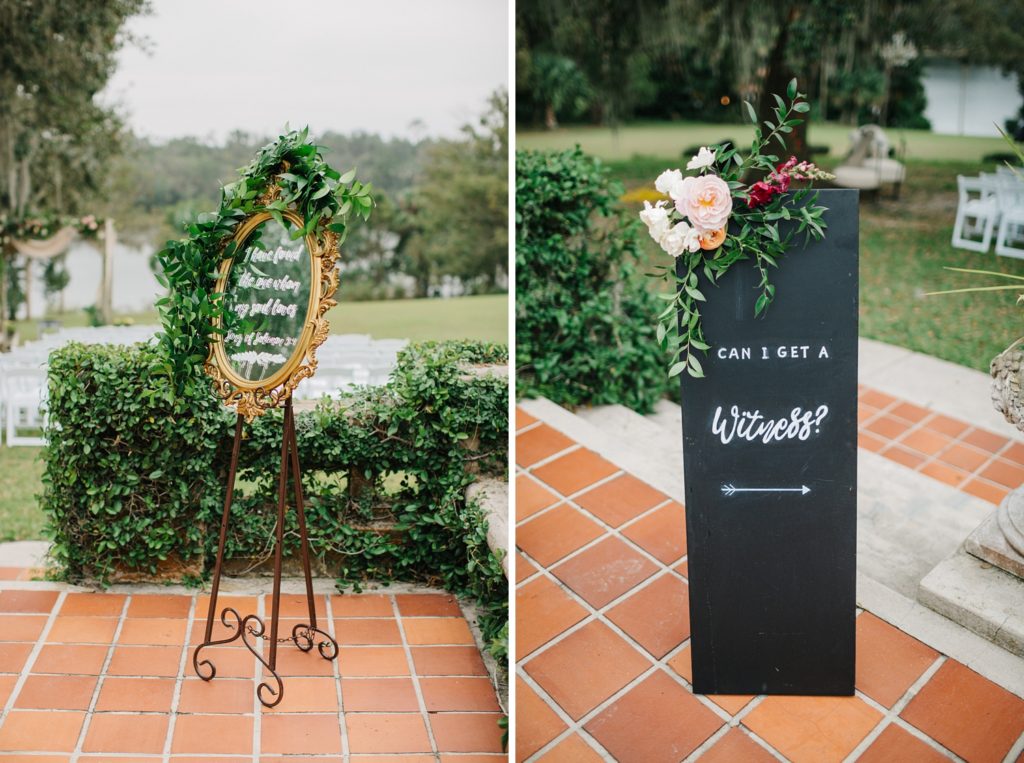 romantic hand lettered chalkboard and gold framed mirror wedding signage
