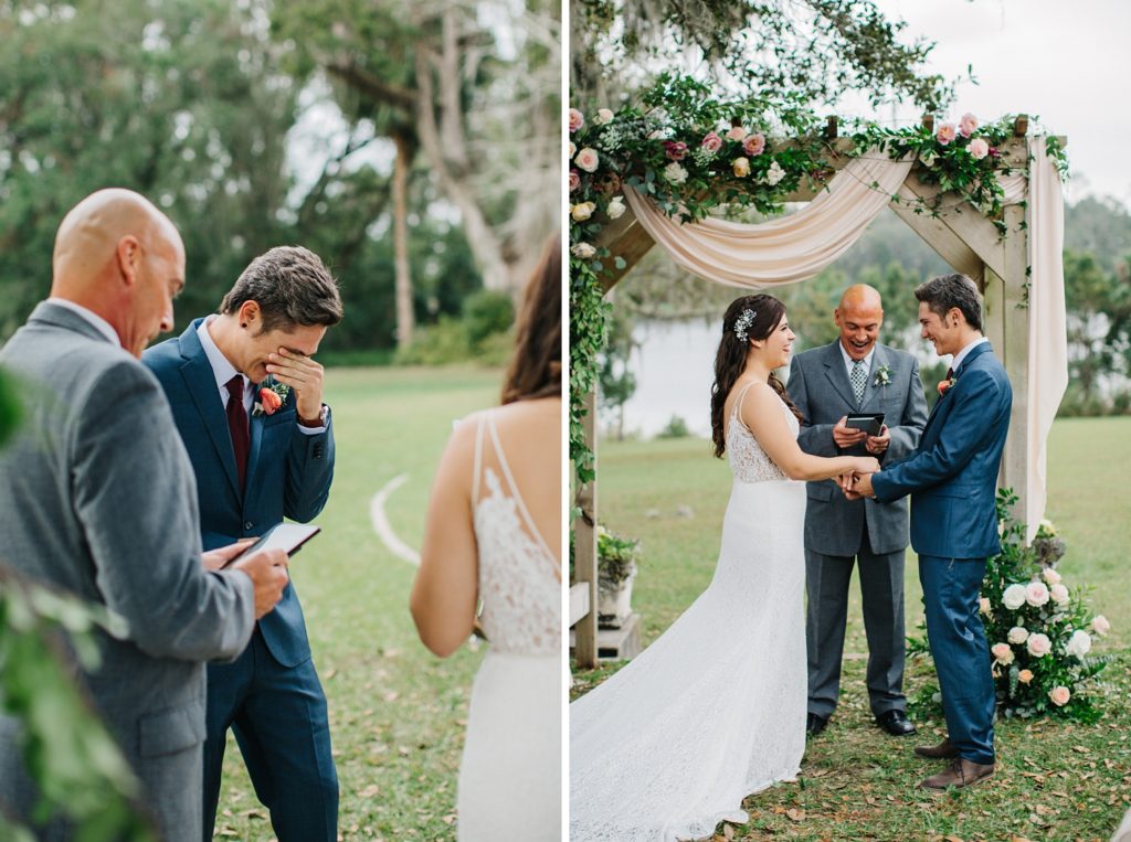 Groom laughing and crying during their vows