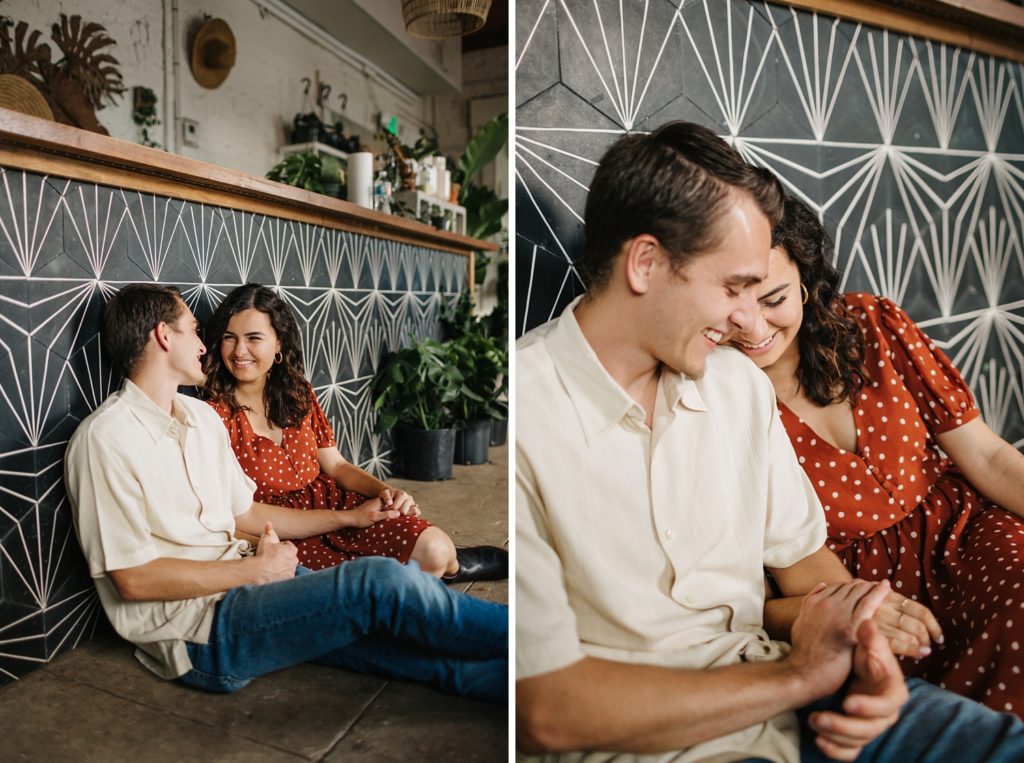 Sweet engagement photos at a plant shop in Tampa Heights near Armature Works