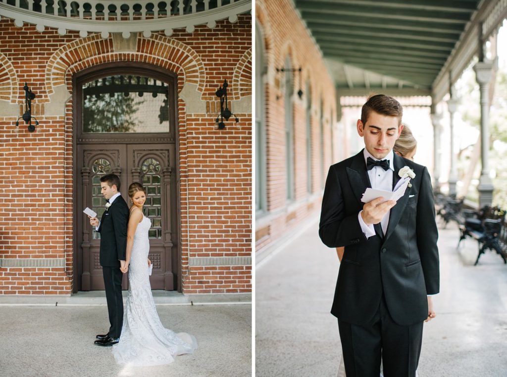 bride and groom reading vows privately during their first look
