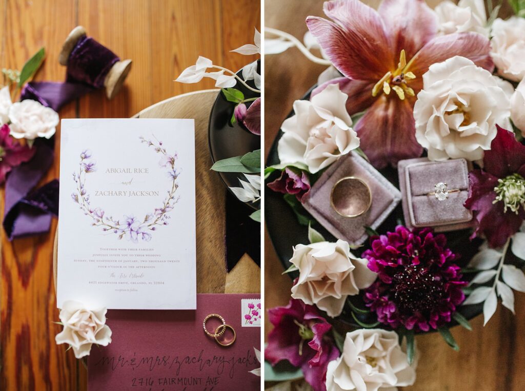 lush purple blooms and minted invitation flatlay