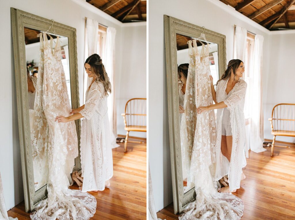 bride getting her lace dress ready