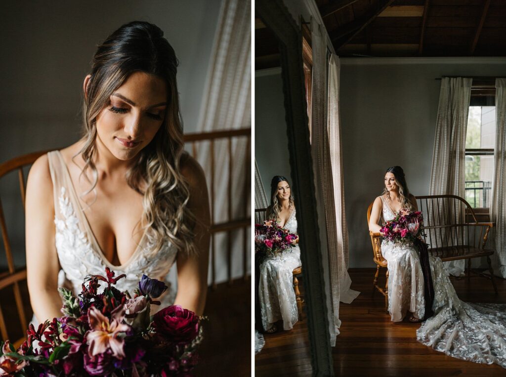 moody boho bridal photos next to the window at The Acre