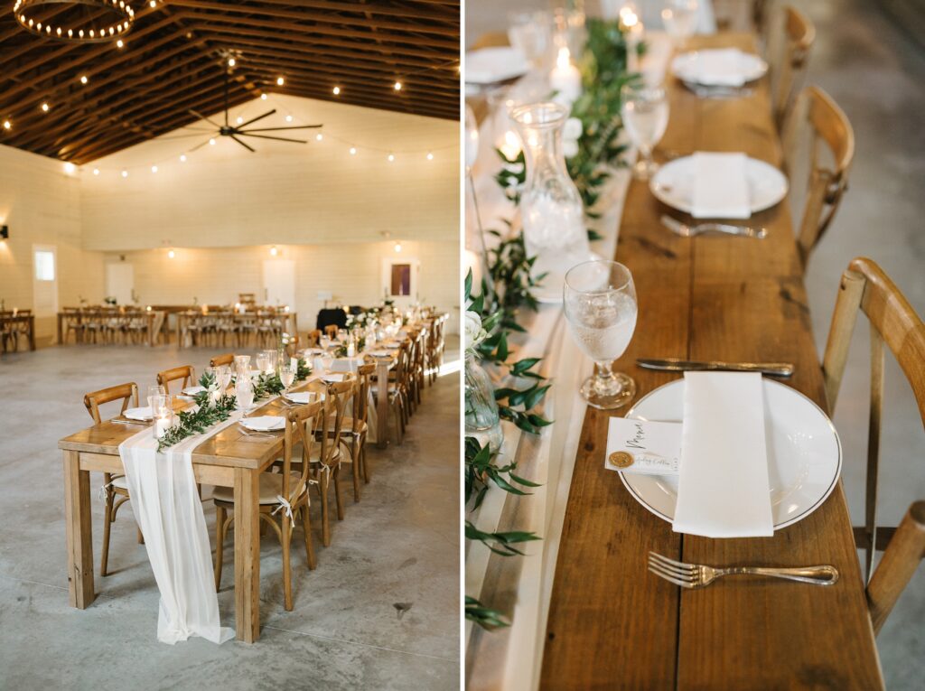 organic wedding farm tables with greenery and candles at The Mulberry in New Smyrna Beach in Florida
