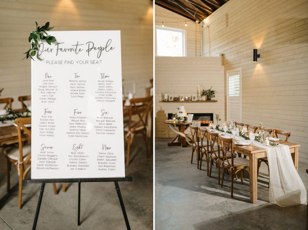 classic black and white seating chart with greenery
