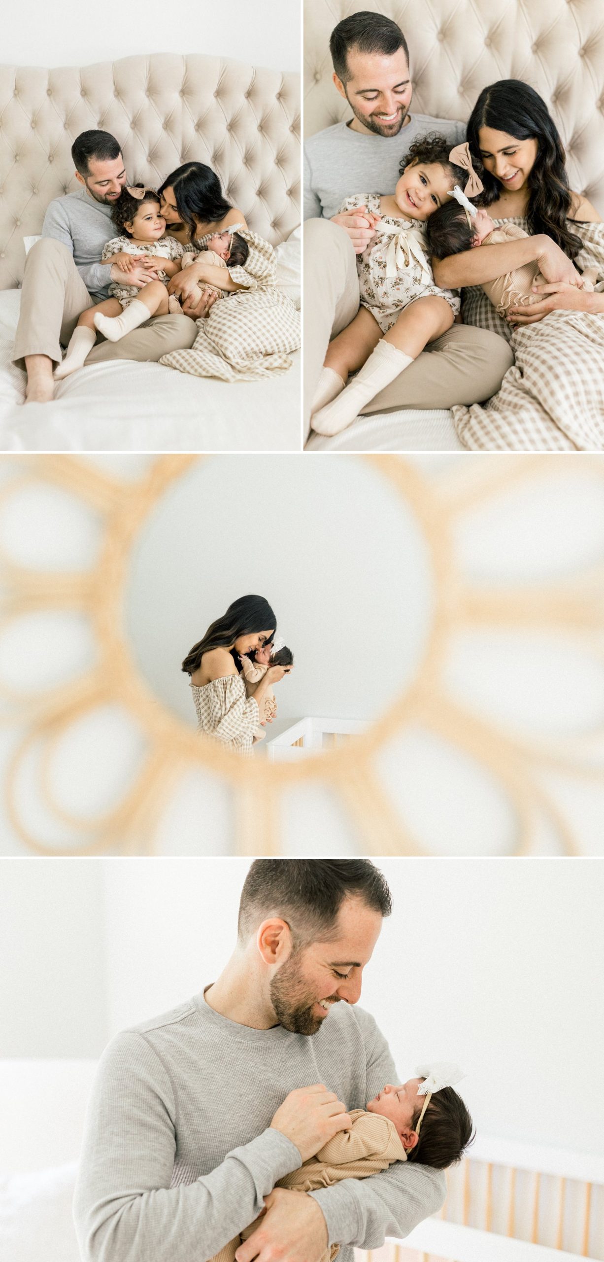 Family snuggled on the bed for their lifestyle newborn session in South Tampa with Renee Nicole Photography