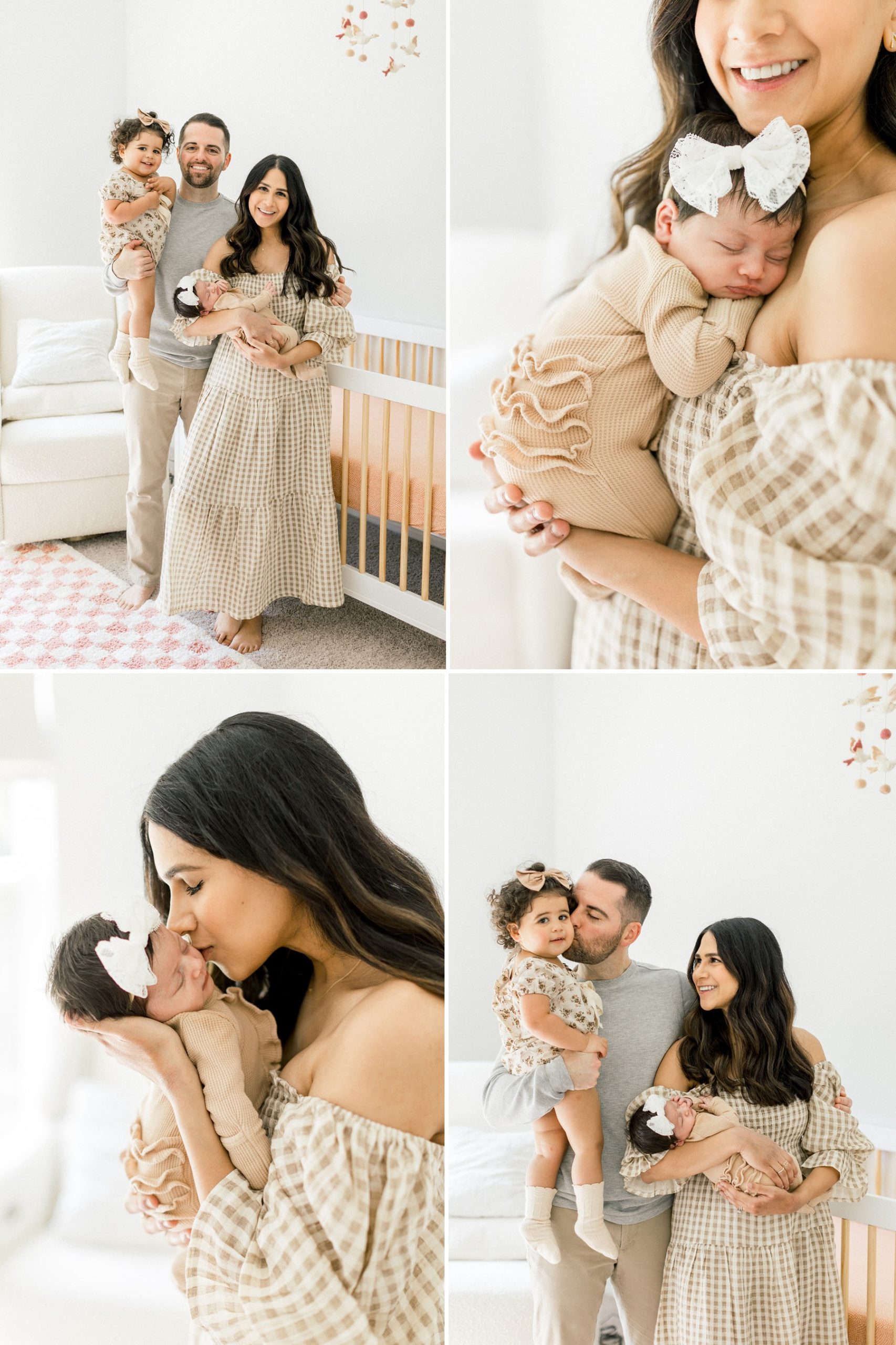 Lifestyle newborn session in a neutral nursery with natural light, white walls, and the mom wearing a flowy dress by Nothing Fits But