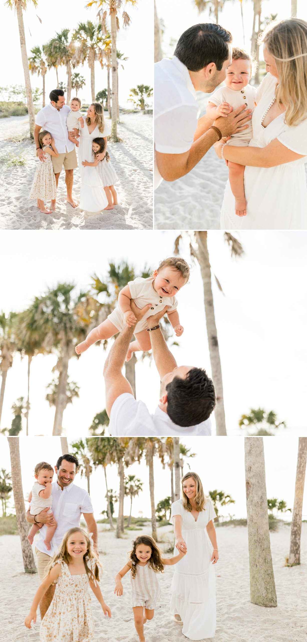 Family playing on the beach near the palm trees at Fred Howard Beach for their Tampa Family Session