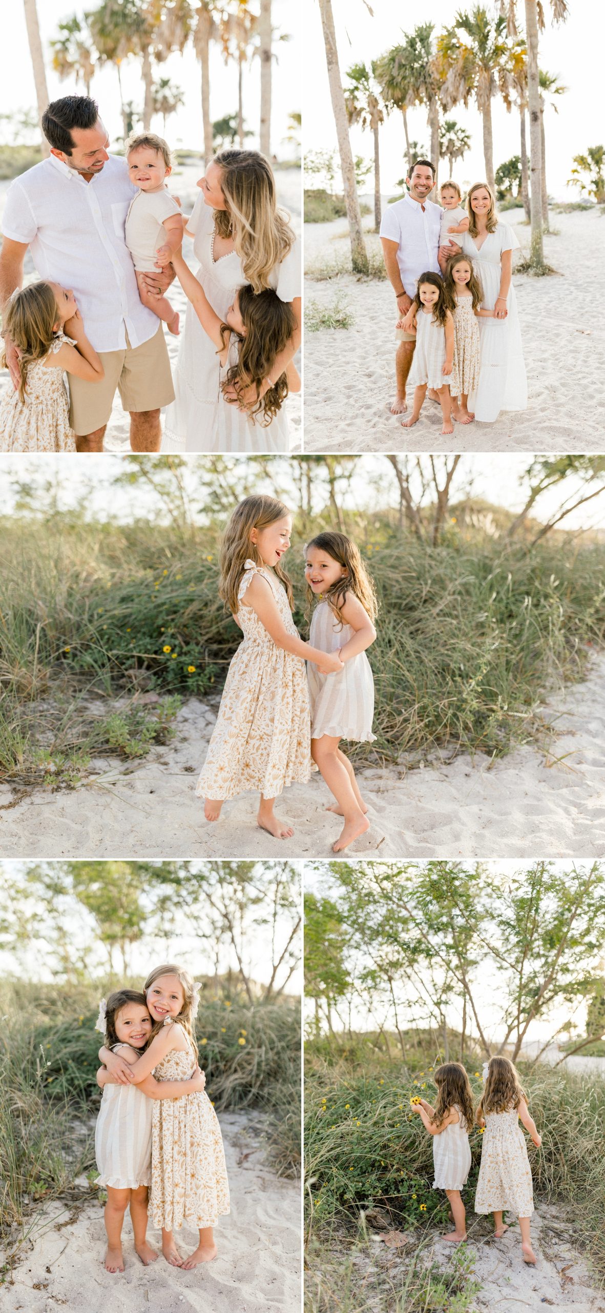 Sisters picking flowers during their family photos at Fred Howard Beach