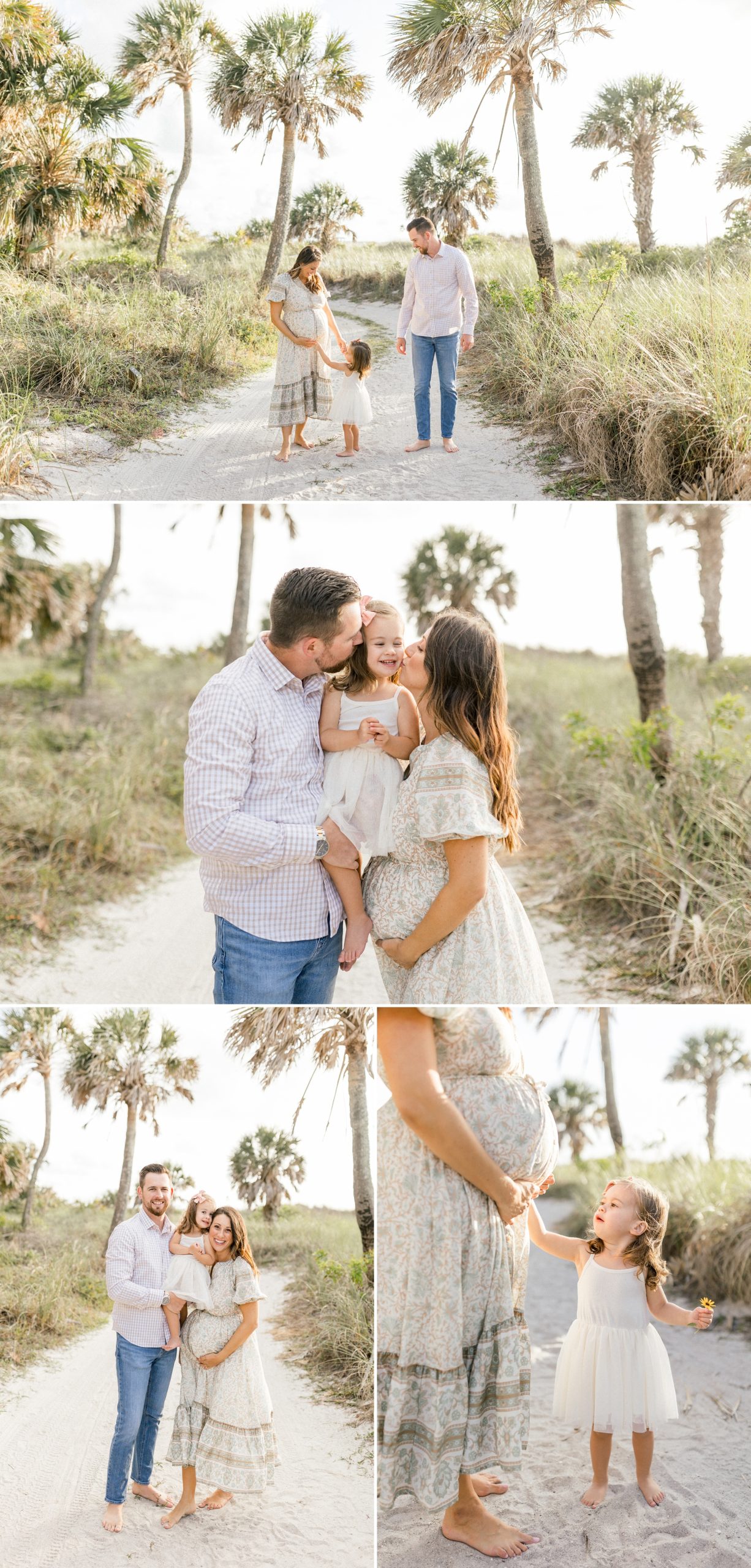 Maternity photos on a palm tree lined pathway at Fort De Soto beach by South Tampa Maternity Photographer